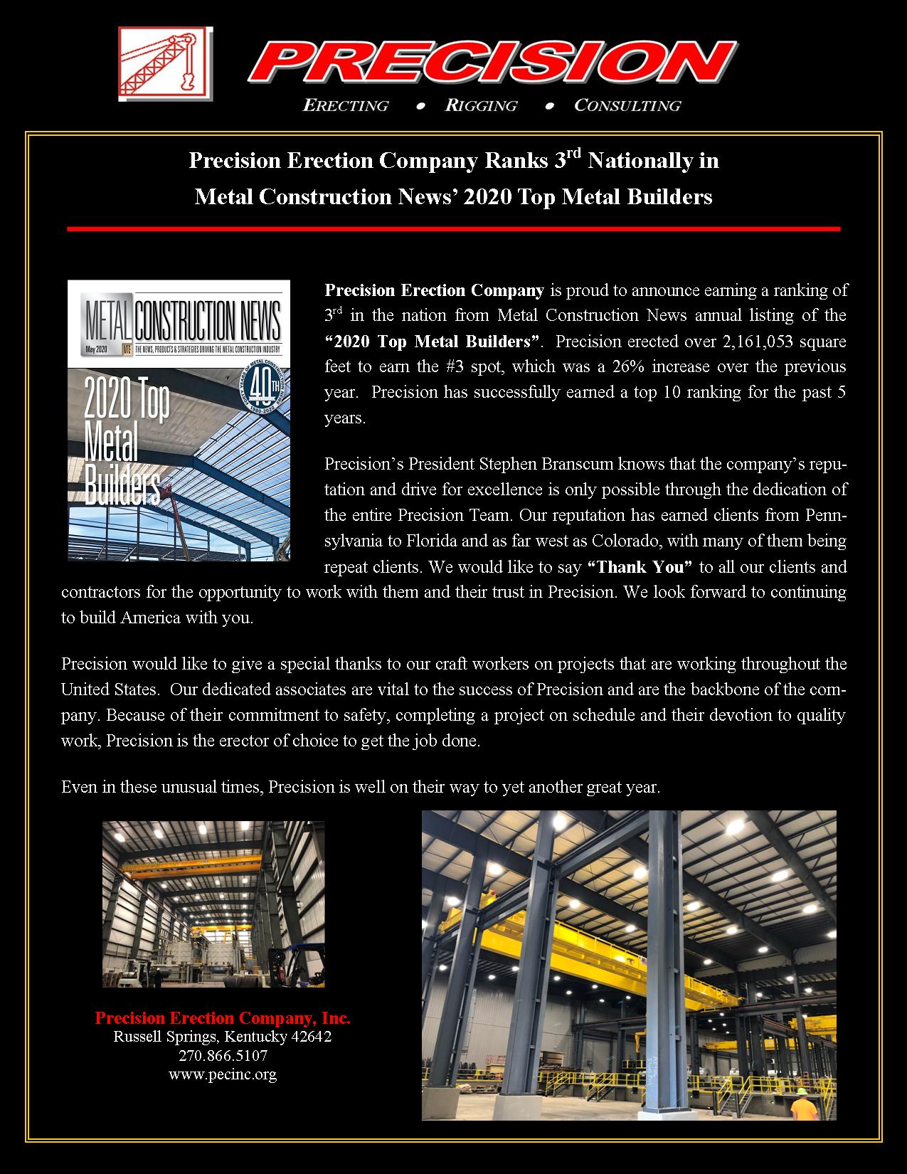 Precision Ranks 3rd Nationally In The 2020 Top Metal Builders