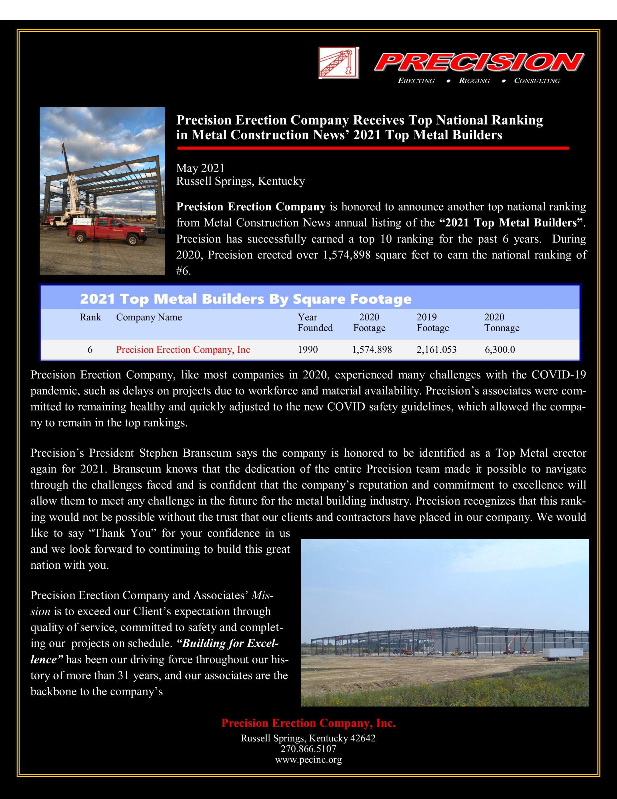 Precision Erection Company Receives Top National Ranking  In Metal Construction News’ 2021 Top Metal Builders